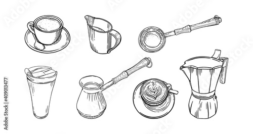 Coffee set wuth cups, pots and creamer. Big set of coffee accessoiries for cappuccino or americano brewing. Vector illustration