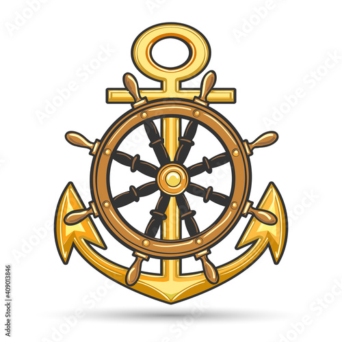 Ship anchor and steering wheel nautical emblem