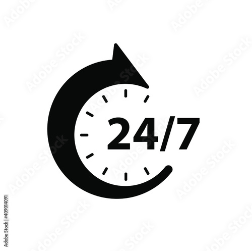 24 7 clock sign on white background