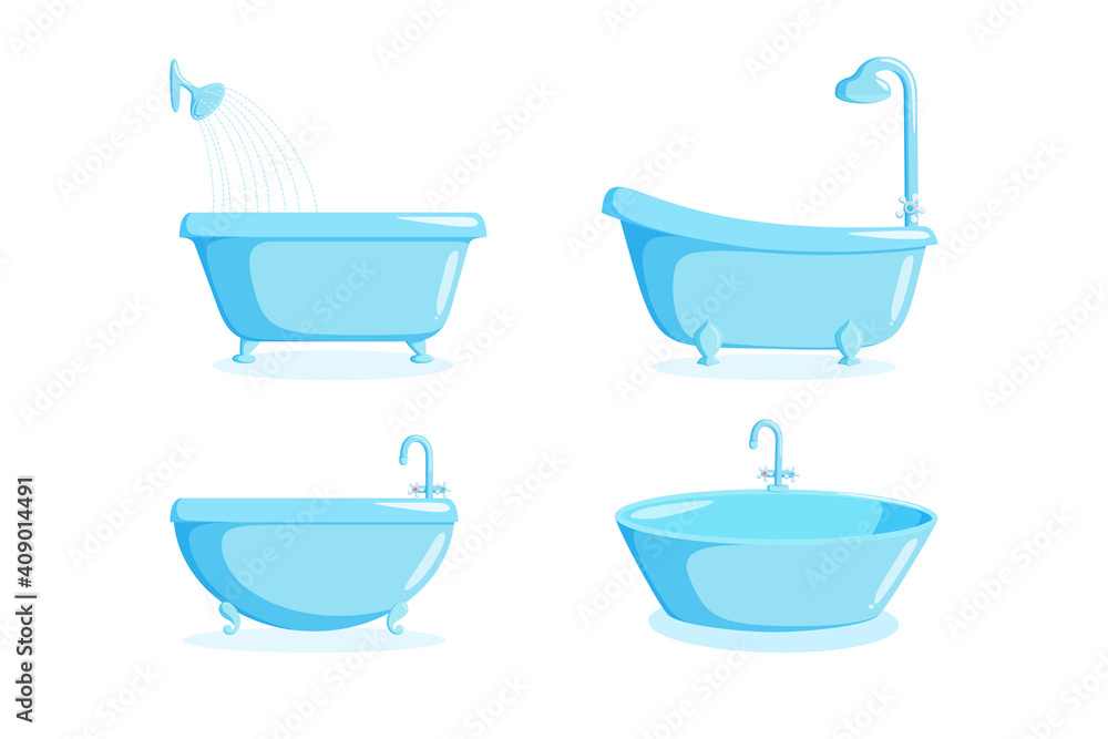 Bathtub with faucet and shower equipment. Set of different tubs isolated on white background. Vector illustration in cartoon style Bathtub with faucet and shower equipment. Set of different tubs isolated on white background. Vector illustration in cartoon style