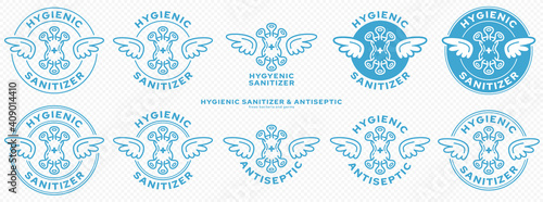 Conceptual marks for product packaging. Marking - hygienic sanitizer or antiseptic. A brand with wings and a bacteria or microbe icon - a symbol of the medical destruction of bacteria. Vector