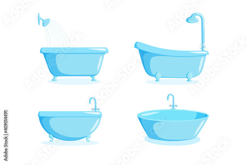 Bathtub with faucet and shower equipment. Set of different tubs isolated on white background. Vector illustration in cartoon style