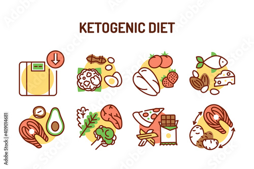 Ketogenic diet color line icons set. Very low-carb, high-fat diet. Pictogram for web page, mobile app, promo. Editable stroke.