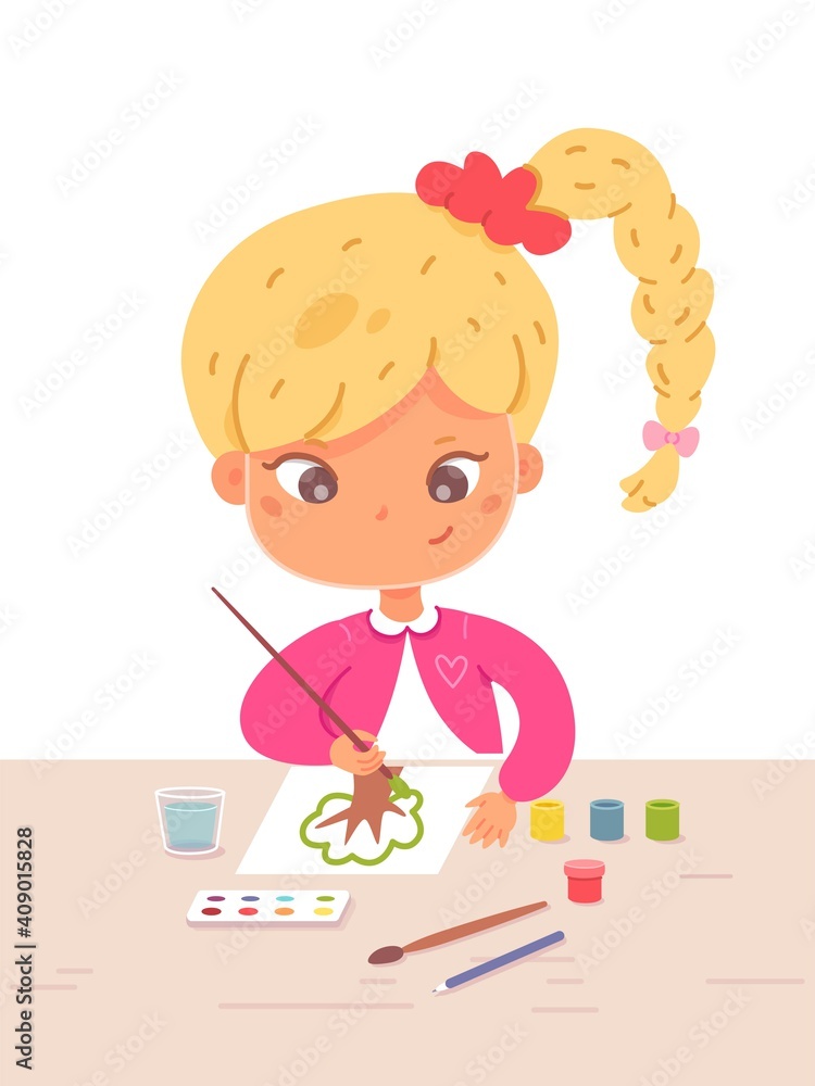 Girl painting in art and crafts class. Little child drawing tree with brush on paper, sitting at desk. Creative activities with tools vector illustration Girl painting in art and crafts class. Little child drawing tree with brush on paper, sitting at desk. Creative activities with tools vector illustration