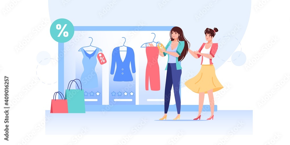 Fototapeta premium Vector cartoon flat woman characters try new dress outfit.Girls choose fashionable dresses discounts at fashion shop fitting room computer app screen-online clothing store,web site banner ad concept