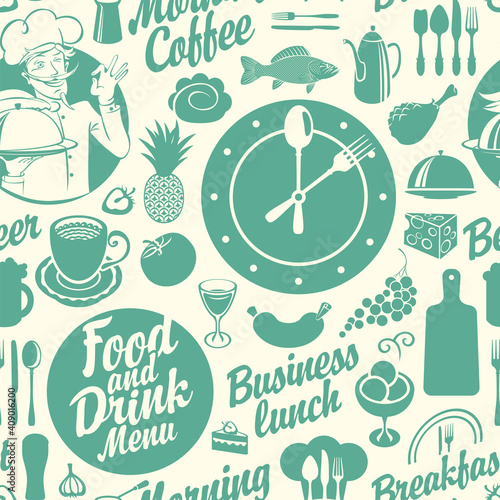 Seamless pattern on the theme of food and drink with various dishes, beverages and inscriptions on a light backdrop. Vector background in cartoon style. Great for wallpaper, wrapping paper, fabric