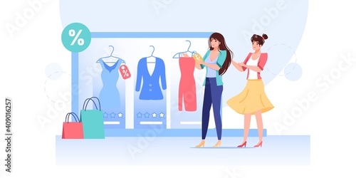 Vector cartoon flat woman characters try new dress outfit.Girls choose fashionable dresses discounts at fashion shop fitting room computer app screen-online clothing store,web site banner ad concept