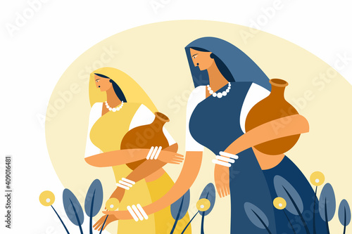 Canvas-taulu Indian rural women carrying water pot and walking in the garden