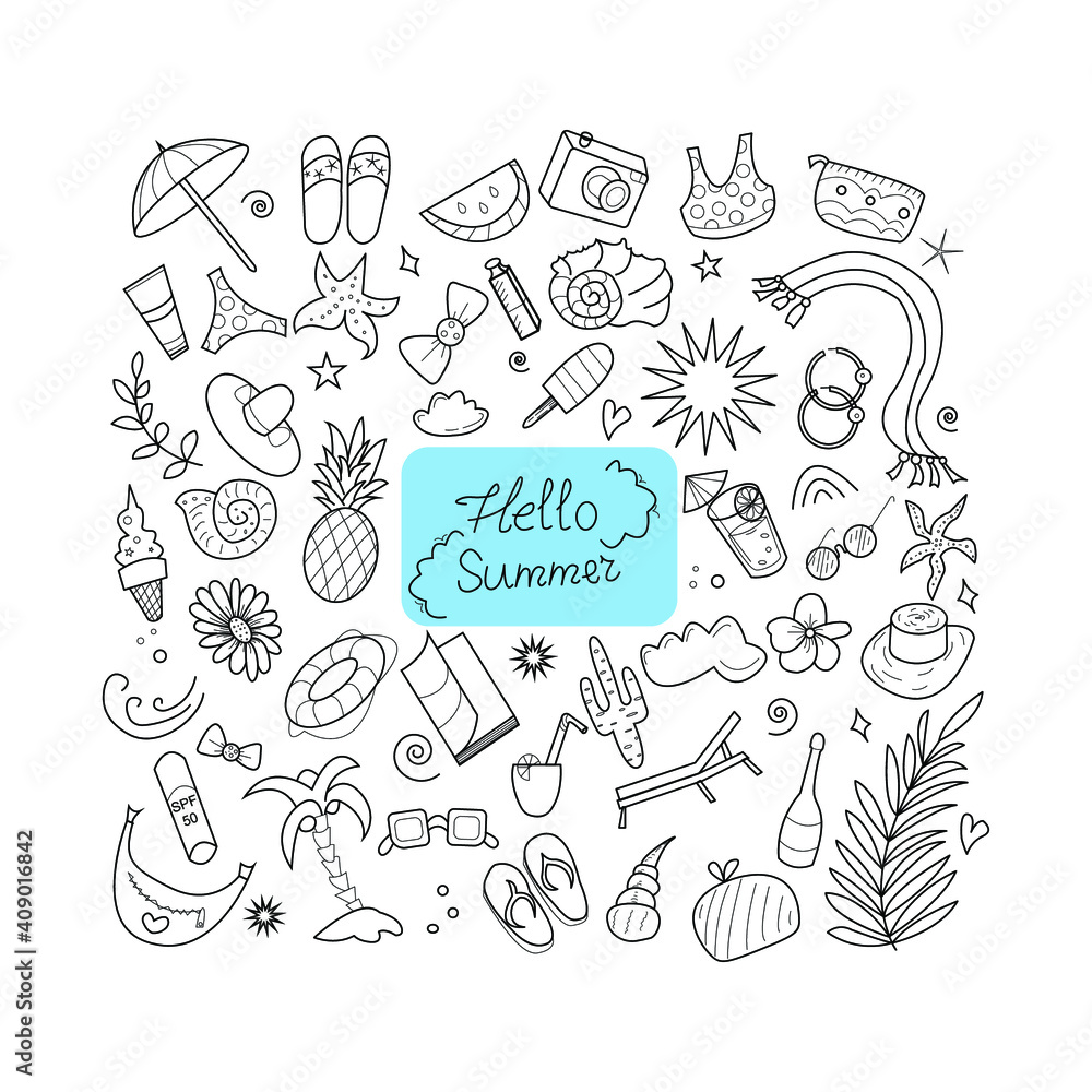Hello summer doodle vector illustration. Summer and beach signs and symbols are hand drawn, black white isolated. Eps10