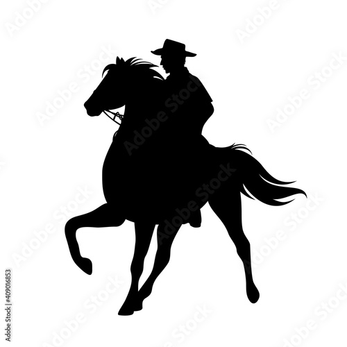 cowboy rider riding standing horse with one leg up - wild west ranger black and white vector silhouette design
