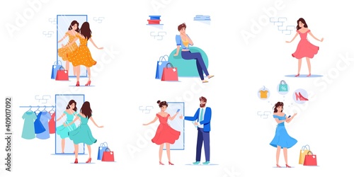 Set of vector cartoon flat woman characters trying new dress outfit.Happy girl at fashion shop fitting room posing in fashionable dress-clothing store,web site banner ad concept