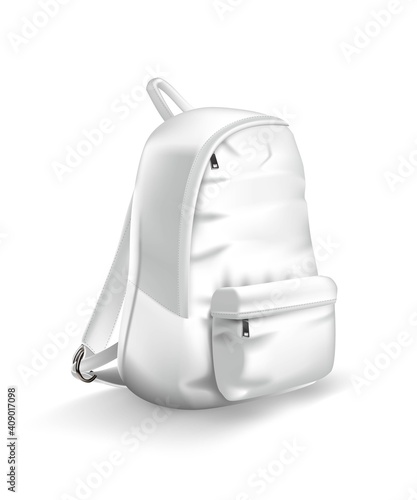 White backpack design. College or school rucksack mockup vector illustration. Realistic youth pack of fabric for study or sport with shadow