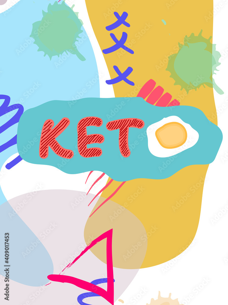 Low carb high fat white collage lettering. Keto diet flat hand drawn illustration.
