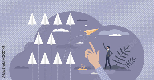 Strategy change and new direction in business vision tiny person concept