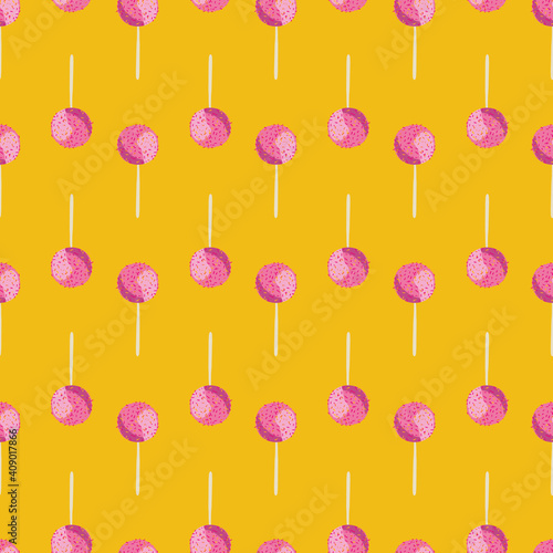 Rows of pink cake pops seamless vector pattern on yellow. Birthday snack surface print design for fabrics, stationery, scrapbook paper, gift wrap, textiles, backgrounds, and packaging. photo