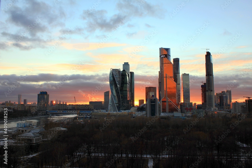 View of the Moscow business district at sunset.