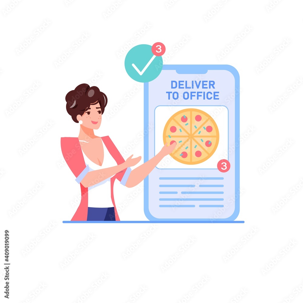 Vector cartoon flat woman character offers to make online orders buy.Happy girl invites order pizza on mobile phone app screen-food delivery online service,internet shop,web site banner ad concept Vector cartoon flat woman character offers to make online orders buy.Happy girl invites order pizza on mobile phone app screen-food delivery online service,internet shop,web site banner ad concept