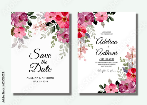 Wedding invitation card with red purple floral watercolor