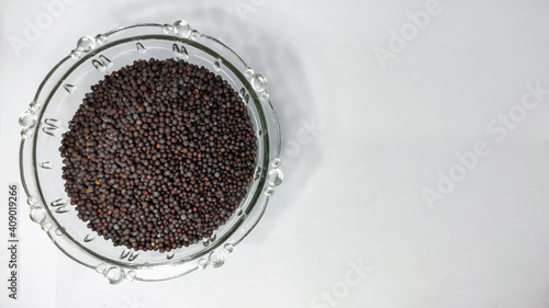 mustard seeds in glass bowl on a white isolated surface