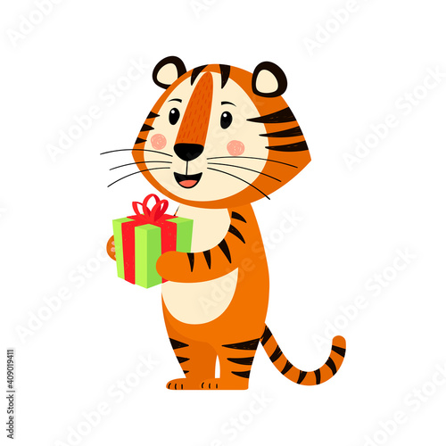 Cute cartoon striped red tiger. Tiger with a gift in his hands. Printing for children's T-shirts, greeting cards, posters. Hand-drawn vector stock illustration isolated on a white