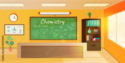 Chemistry class interior design background. Education in school vector illustration. Modern room with green blackboard, screen, bookcase with books and binders, desk, board with information, windows