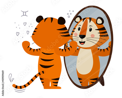 Cute cartoon striped red tiger. Tiger looks in the mirror. Printing for children s T-shirts  greeting cards  posters. Hand-drawn vector stock illustration isolated on a white
