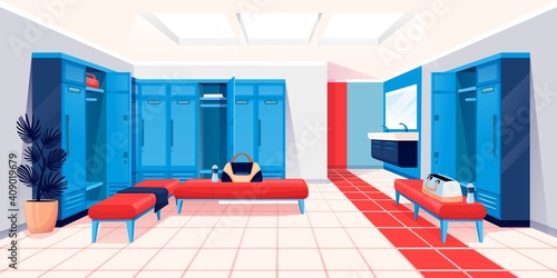 Modern locker room interior design background. Room for changing clothes for fitness and sport exercise in gym vector illustration. Private place with lockers, benches, sinks, mirror, bags