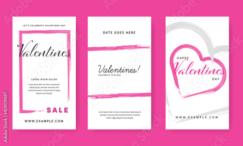 Valentines social media stories templates with pink accent  minimalistic instagram and layouts with geometrical frames and shapes  pink brush design