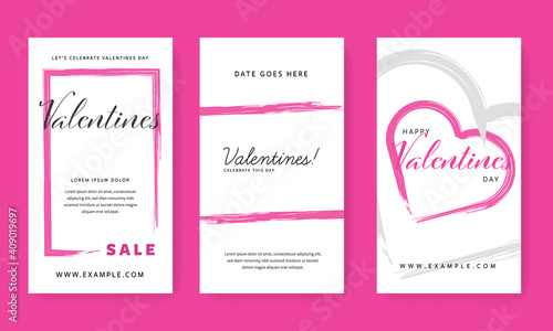 Valentines social media stories templates with pink accent, minimalistic instagram and layouts with geometrical frames and shapes, pink brush design