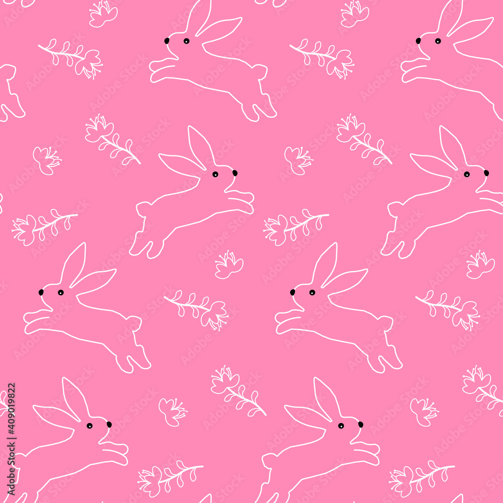 Outline pattern with white easter bunnies and flowers. Vector pattern on a pink background. Easter theme for packing paper, fabric, decor. Outline pattern with white easter bunnies and flowers. Vector pattern on a pink background. Easter theme for packing paper, fabric, decor.