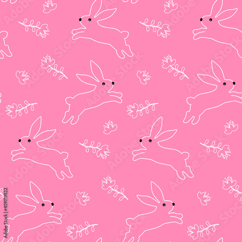 Outline pattern with white easter bunnies and flowers. Vector pattern on a pink background. Easter theme for packing paper, fabric, decor. 