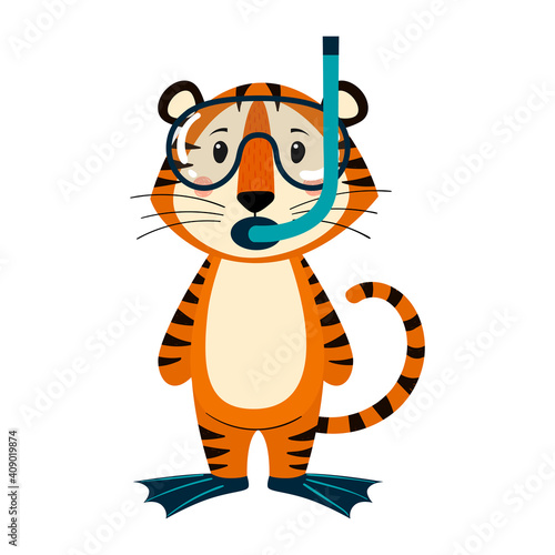 Fototapeta Naklejka Na Ścianę i Meble -  Cute cartoon striped red tiger. Printing for children's T-shirts, greeting cards, posters. Hand-drawn vector stock illustration isolated on a white
