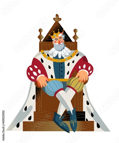 Medieval king sitting on throne. Royal man emperor in Middle Ages vector illustration. Historical person in traditional costume with mantle and crown isolated on white background