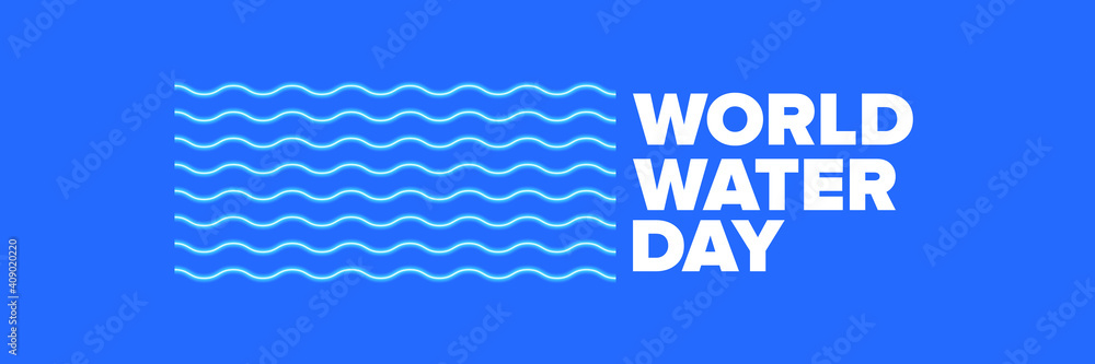 World water day neon style horizontal banner design template. 22 march International water day neon concept horizontal vector illustration with text and water on blue water background. World water day neon style horizontal banner design template. 22 march International water day neon concept horizontal vector illustration with text and water on blue water background.