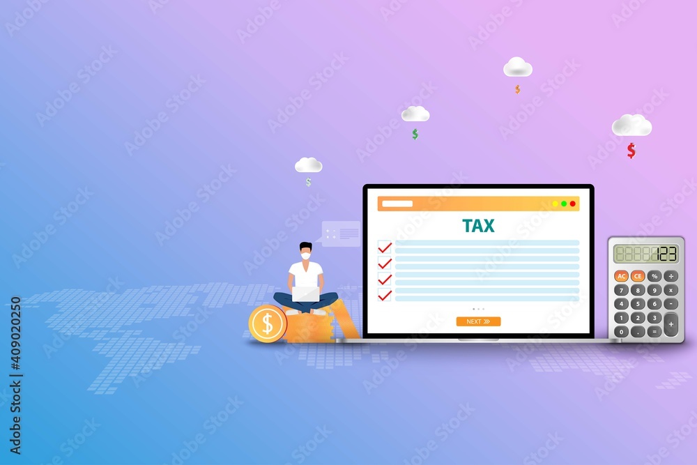 Business concept of online tax, businessman wear a medical face mask and working on top of coin stack to check the list of tax and calculate for this physical year. Business concept of online tax, businessman wear a medical face mask and working on top of coin stack to check the list of tax and calculate for this physical year.