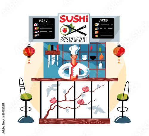 Chef at Japanese sushi restaurant counter. Young man welcoming customers in cafe. Asian traditional cuisine vector illustration. Modern interior design with stools, menu, lanterns
