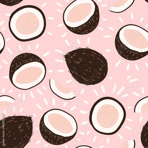 Doodle coconut . Vector seamless pattern. Hand drawn illustrations.