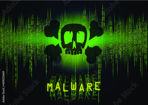 malware skull on a computer screen display