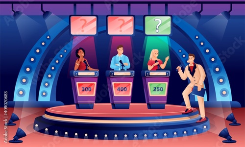 Erudite television show flat illustration. TV studio interior vector illustration. Program presenter and participants cartoon characters. Panel game, quiz studio. Media project announcing.
