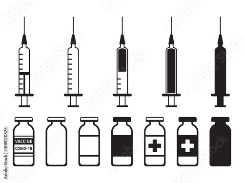 Syringe and vial icon. Black and white flat design. Vaccine, medical, epidemic disease concept, isolated vector illustration. Vaccination Simple Icon.