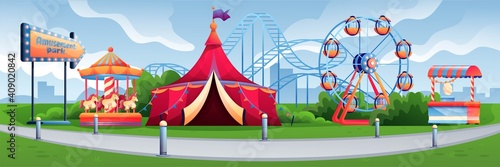 Amusement park or carnival background. Holiday and vacation recreation at fun fair vector illustration. Attraction park with rollercoaster, carousel, candy stall, ferris wheel. Horizontal panorama