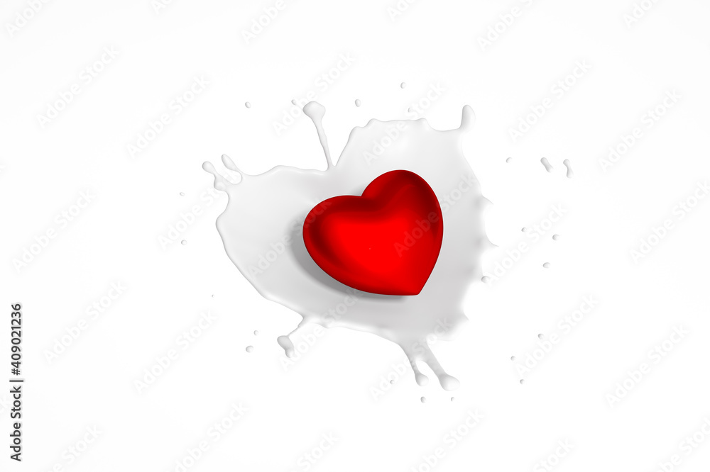 Metallic glossy red heart with white liquid spread look like heart shape on white background 3d rendering. 3d illustration true love and Valentines Day greeting card minimal concept.
