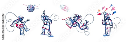 Funny astronaut in space set. Man dancing to funky disco music, playing guitar, standing with umbrella in space, reading book. Space exploration fun entertainment vector illustration
