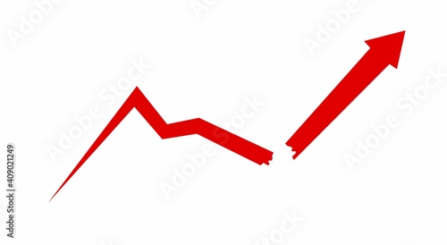 A broken red downward trend arrow, reversed to trend upwards. Symbol of disruption, reversal of losses, stock manipulation, profit, growth and turnaround. photo