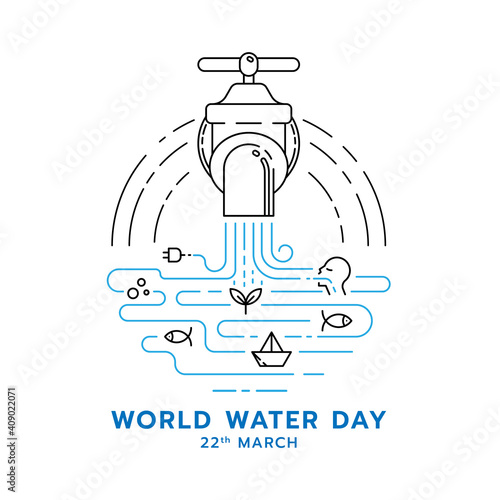 world water day banner with abstract line water falling from the tap and Icons about the benefits of water symbol vector design