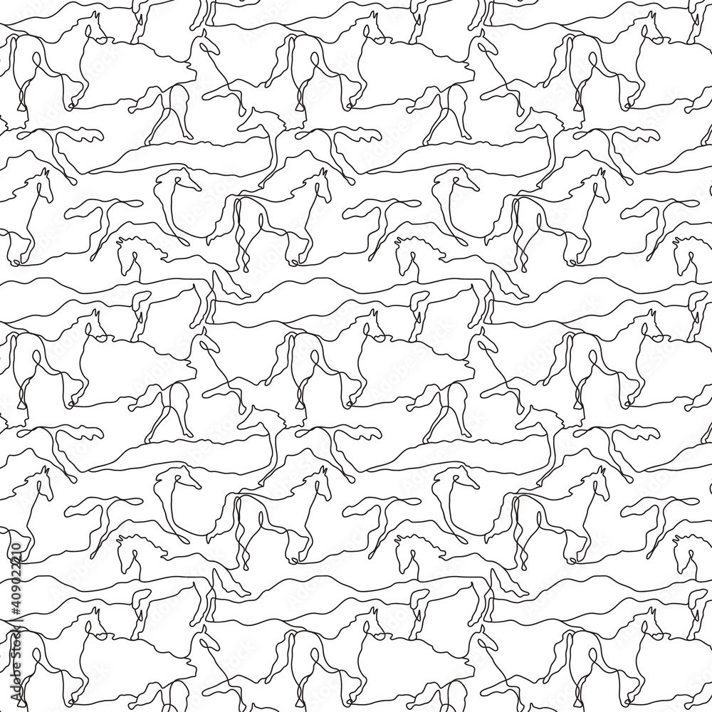 Pattern with linear horse outlines black. Vector illustration for backgrounds, textile, wallpapers and other designs.