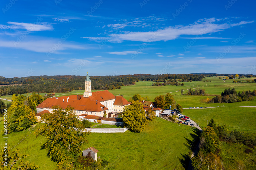 Aerial view of Reutberg Monastery, near Sachsenkam, Upper Bavaria, Bavaria, Germany,
