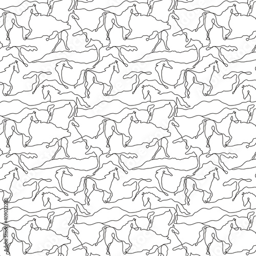 Pattern with linear horse outlines black. Vector illustration for backgrounds, textile, wallpapers and other designs.