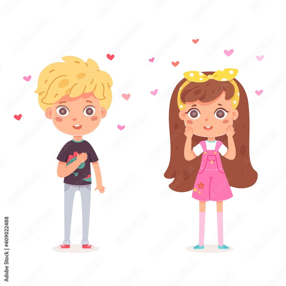 Boy likes girl, children in love. Happy cute kids smiling. Little beautiful cartoon characters in romance. Romantic couple vector illustration. Sweet girl in dress and school kid with hearts Boy likes girl, children in love. Happy cute kids smiling. Little beautiful cartoon characters in romance. Romantic couple vector illustration. Sweet girl in dress and school kid with hearts