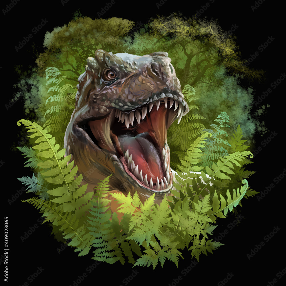 Fototapeta premium The head of a dinosaur peeps out of the ferns. Watercolor drawing. Black background